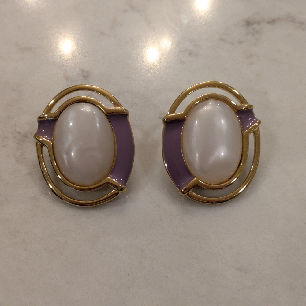 B#2: Large Vintage Monet Gold and Lavender Oval Earrings